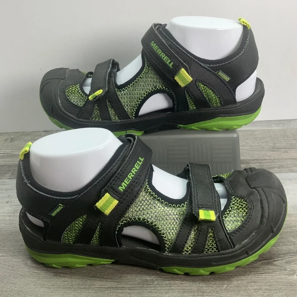 Merrell Boys Hydro Rapid Sandals Black Lime Green MY54843 Size 6M Leather Mesh